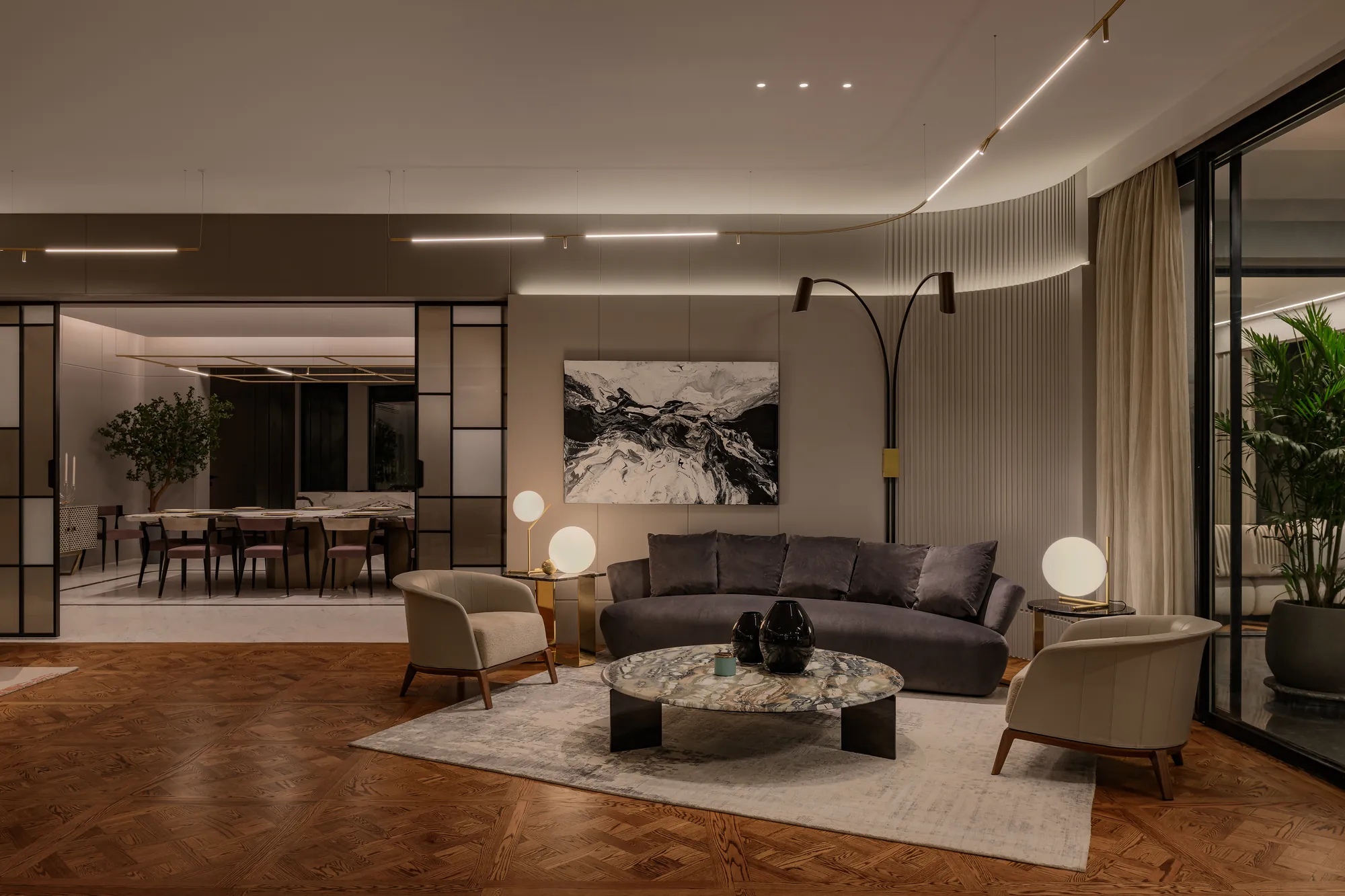 Lounge with parquet floor and custom seating, Palm Hills Residence