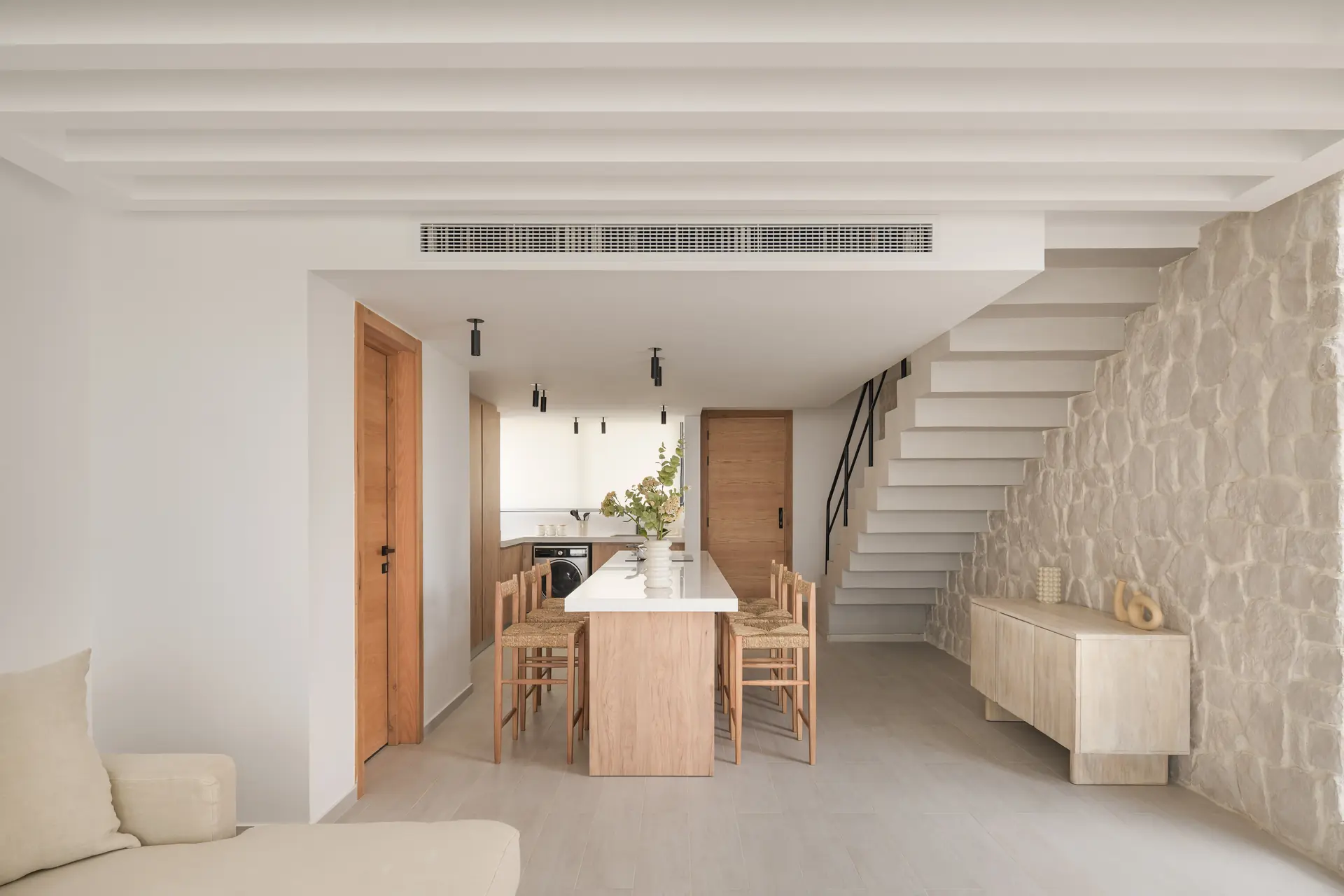 Fully furnished turn-key lodge interior in light oak, Somabay, by Modoro